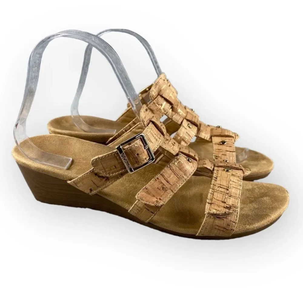 VIONIC RADIA CORK Wedge Sandals Slides Slip On Adjustable Straps Buckle Womens 9